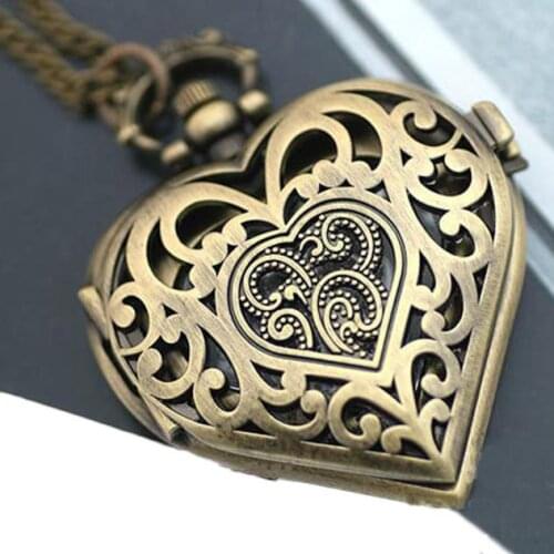 Womens Heart Pocket Watch Vintage Style Solid Color Hollow Heart Pocket Watch Necklace Pendant Chain gift карманные часы 50
