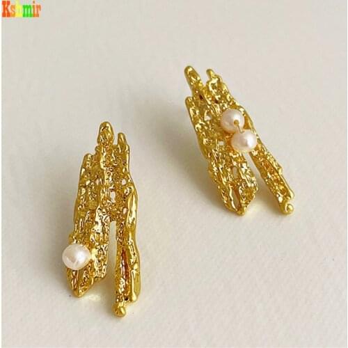 Kshmir Design sense of metal bark shape freshwater pearl earrings women simple fashion pearl earrings jewelry gifts 2021