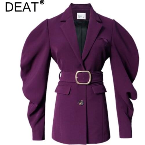 DEAT Woman Blazer Purple With Sashes Notched Puff Sleeve Elegant Loose Vintage Style Jacket 2021 New Autumn Korean 15XM655