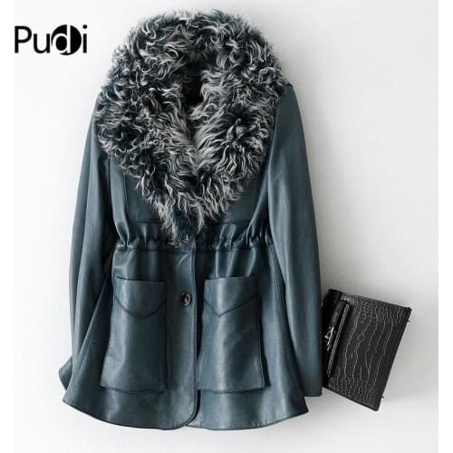 Women Genuine Sheep Leather Coat Jacket With Real Sheep Fur Collar Winter Real Fur Girl Female Long Trench Jackets A69030