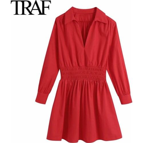 TRAF Women Clothing 2021 Summer Shirt Dresses Long Sleeve Party Birthday Dress Elastic Waist Red Poplin Dress