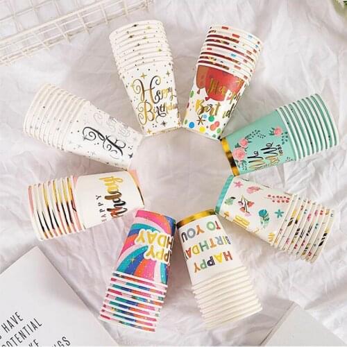 10pcs/set Ins Party Cups 250ML Disposable Paper Cup High Quality Craft Happy Birthday For Juice Milk Water