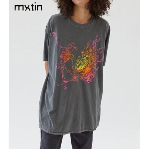 2021 Summer Vintage Skulls Fire T Shirt Women Tops Tees Fashion O Neck Short Sleeve Female Casual Ladies Harajuku T-Shirt Mujer