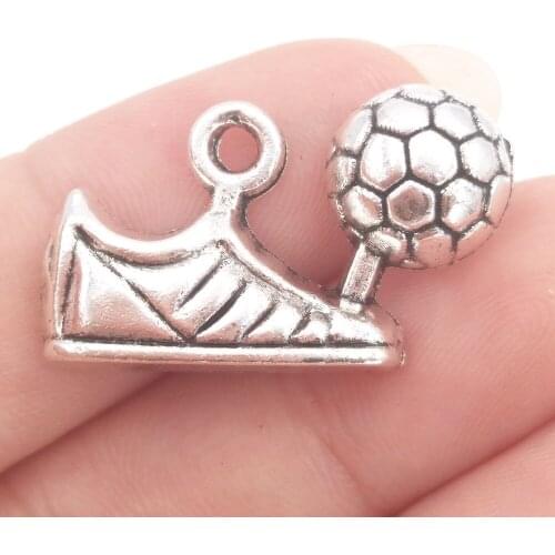 BULK 30pcs Lots Nickle Free Alloy Soccer Shoe with Ball Charms Antique Silver Plated Sports Pendants 24*15mm 2.6g