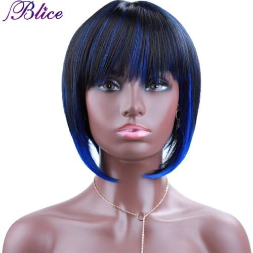 Blice Synthetic Wig Omber Blue Short Straight Wigs 100% Kanekalon Heat Resistant Cosplay wig With Bangs For Women