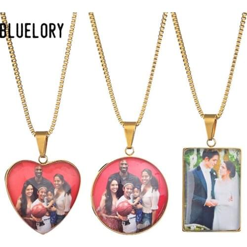 Bluelory Personalized Color Photo Necklace Stainless Steel Crystal Glass Custom Jewelry For Familes Lovers Friend Pets Gifts