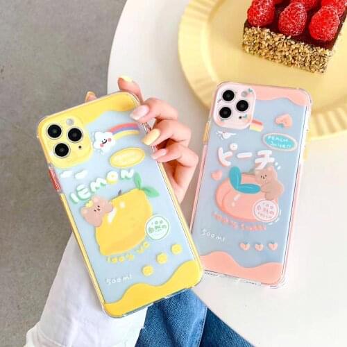 INS Korea Cute Cartoon Bear Peach lemon Phone Case For iphone 11 Pro max 7 8 plus X XR XS Max Color border Back Cover Soft funda