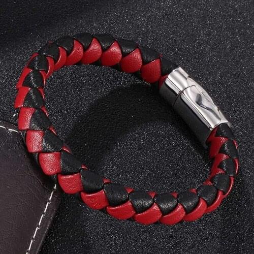 Black Red Braided Leather Bracelet Stainless Steel Magnetic Clasp Men Women Bangles Fashion Unisex Wrist Band Gifts