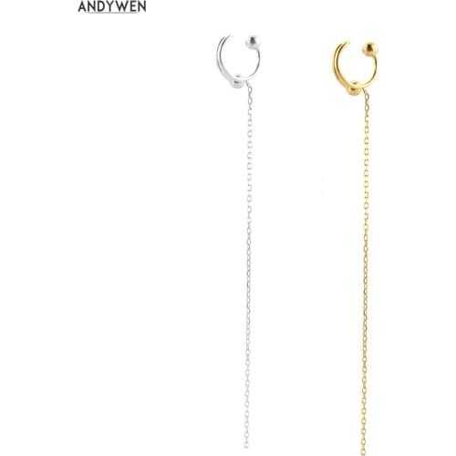 ANDYWEN 925 Sterling Silver Gold Long Chain 140mm Ear Cuff No Piercing Clips Luxury Jewelry For Women Fine Jewelry Rock Punk