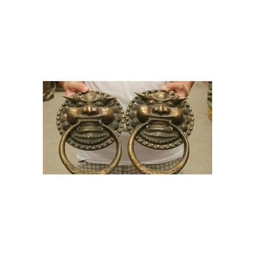 11" Feng Shui Chinese Folk Bronze Guard Lion Head Statue Door Knocker Ring Pair Sculpture statues unicornio garden decoration