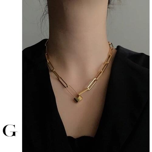 GHIDBK 2020 New Stainless Steel Unique Design Lock Pin Chain Necklaces Minimalist Statement Delicate Chokers Women Simple Collar