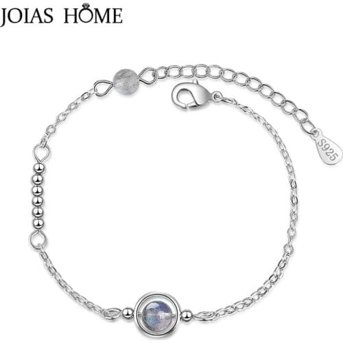 JoiasHome 925 Sterling Silver Bracelet Natural Blue Moonstone Labradorite Design Minor Frigid Planet Lady Bracelet