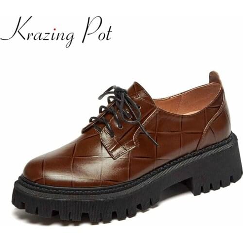 Krazing Pot new arrival genuine leather round toe med heels Korean girls solid vintage preppy style cozy lace up women pumps L29