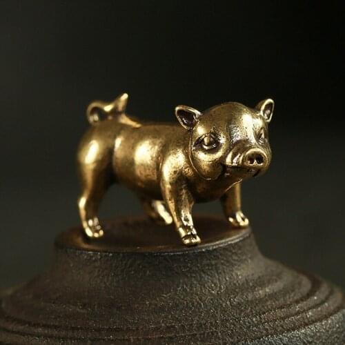 Retro Brass Handmade Pig Miniatures Figurines Desk Ornament Metal Copper Animal Model Toy Tea Pets Decoration Crafts Accessories