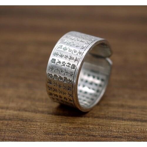 990 Sterling Silver Heart Sutra Buddhism Thumb Ring Men Women Jewelry A3834