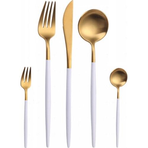 5Pcs White Gold Cutlery Set Matte Colorful Flatware Set 304 Stainless Steel Dinnerware Set Kitchen Silverware Gold Tableware Set