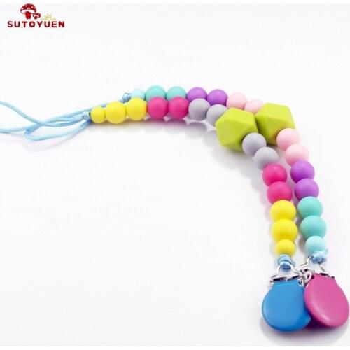 Food Grade Silicone Beads Teething Pacifier Chain Round Metal Pacifier Clip Baby Teether Chew Toys Holder Teething Accessory