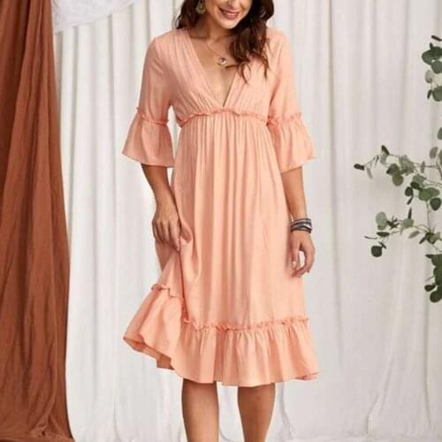 Loose Casual Three Quarter Butterfly Sleeve Midi Dress Women 2021 Summer V-neck Solid Pink Ruffles Big Hem Beach Female Dresses