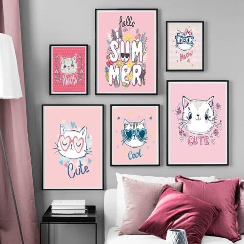 Kids Room Poster Pink Rabbit Cat Children Poster Baby Room Decor Nursery Wall Art Canvas Painting Prints Girl Bedroom Picture