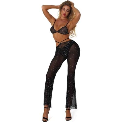 Sexy Women Crystal Sheer Mesh Bra Top and Flared Leggings Hot Pants Bling Rave Dance Wear