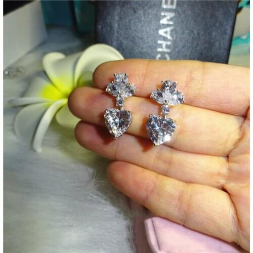 CHARLINLIOL Real 925 Sterling Silver Zircon Stud Earrings Romantic Heart Shaped Natural Crystal Gems Wedding Ear Stud For Women