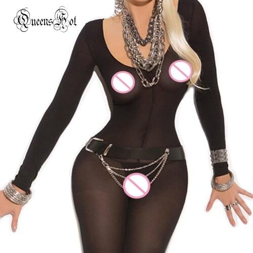 Silk Sleeved Erotic Sexy Lingerie Babydoll Body Stocking Latex Catsuit Bare Shoulder Bodysuit sheer Costumes Jumpsuit Teddy