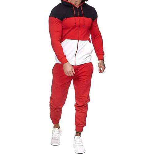 Mens Hooded Tracksuit Sets Sportswear Autumn Winter Patchwork Zipper Sweatshirt+Long Pants Jogger 2Pcs Sport Clothes Sets