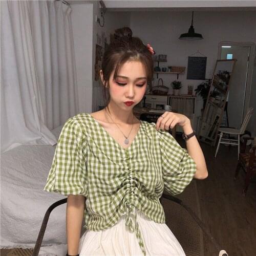 Women Blouse Lantern Sleeve Drawstring V-neck Short Plaid 2021 Summer Short-Sleeved Top Women Blusas Mujer De Moda