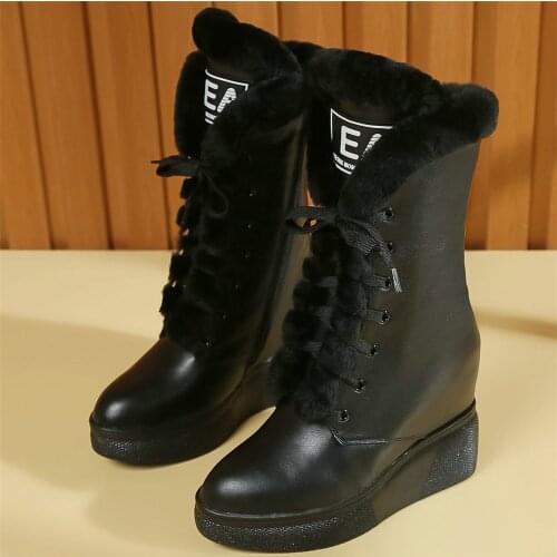 Winter Creepers Women Lace Up Genuine Leather Wedges High Heel Ankle Boots Female Warm Rabbit Fur Round Toe Fashion Sneakers