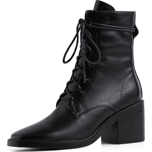 INS HOT women Mid-calf boots Genuine Leather 22-25 cm feet length Cowhide stitching patent leather Classic Martin boots