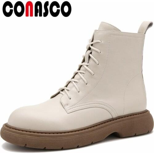 CONASCO New Women Short Boots Autumn Winter Warm Cow Leather Causal Prom Concise Basic Office Lady Flatforms Punk Shoes Woman