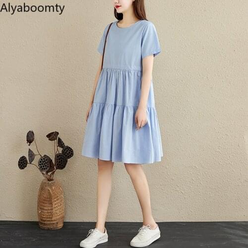 Mori Girl Summer Women Basic Solid Dress O Neck Yellow Blue Tiered Dress Short Sleeve Lace Up Loose Ruffles Cotton Linen Dress