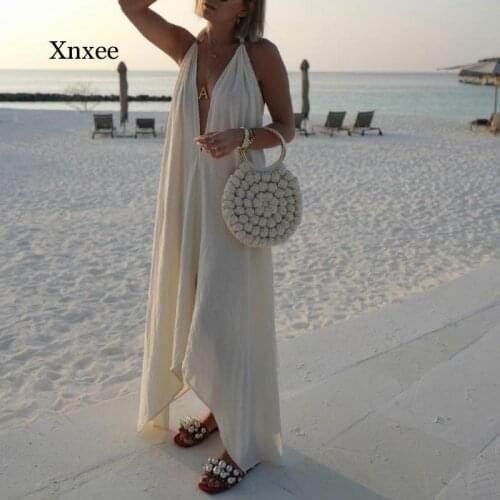 Summer New Womens Dress Bohemian Xl Sexy Long Sleeves Sleeveless Backless Solid Color Polyester