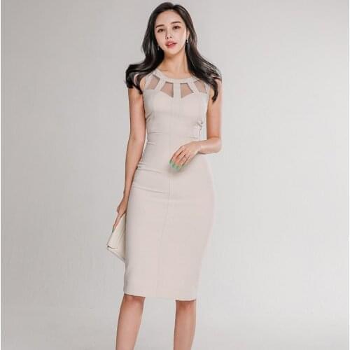 2020 New Summer Sexy O Neck Mesh Sleeveless High Waist Elegant OL Office Dress Knee-length Black Party Dress Robe De Soirée