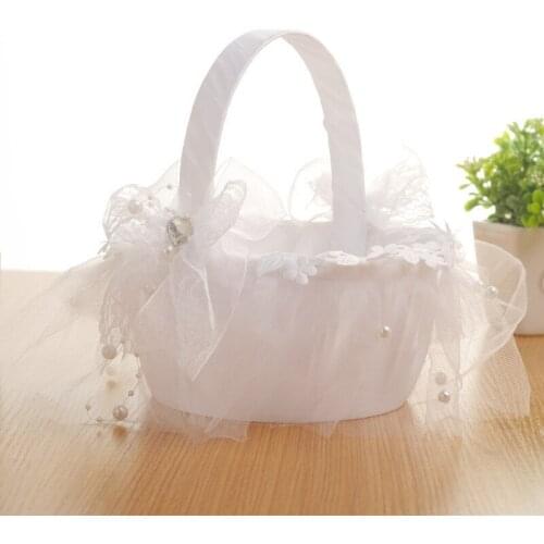 20 x 20CM Upscale White Theme Party Decoration Lace Satin Bride Portable Flower Basket Petal Holder For Wedding Centerpieces