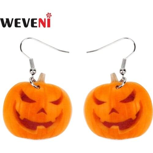 WEVENI Acrylic Halloween Smile Pumpkin Earrings Big Long Dangle Drop Fashion Novelty Jewelry For Women Girl Teens Gift Wholesale