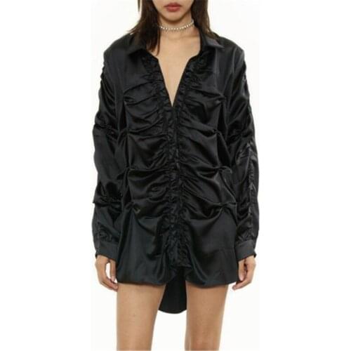 New Autumn Women Pearls Satin Fabric Blouse Solid Color Long Sleeve Irregular Pleated Loose Shirts Tops French Retro Streetwear