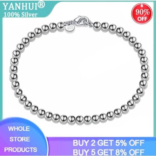 YANHUI 100% Real 925 Solid Sterling Silver Fashion 4mm Beads Chain Bracelet 20cm For Teen Girls Lady Gift Women Fine Jewelry