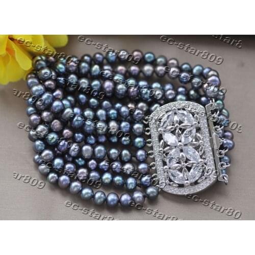 Z11170 7Row 8" 7mm Peacock-Black Freshwater Pearl Bracelet Luxury CZ Clasp