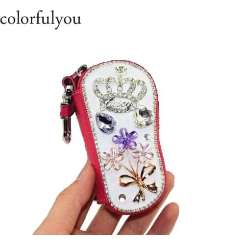 Flower and Crown Crystal Pattern Car Keychain Genuine Leather Key Wallets Diamonds Key Organizer Housekeeper Covers Zipper 2019