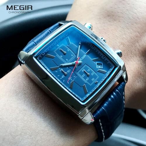 Watches Men Blue Casual Leather Strap Rectangle Chronograph Quartz Watch Man Luxury Waterproof Wristwatch Relogio Часы мужские