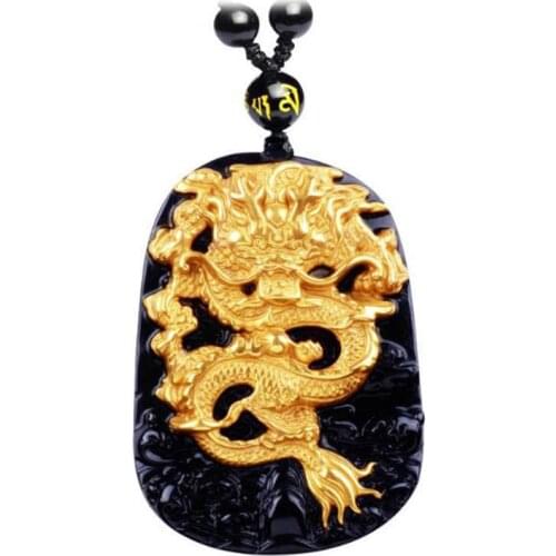 Wonderful Natural Obsidian Inlaid with 18K Gold Dragon Necklace Pendant Jewelry Fine Jewelry Lucky Auspicious Amulet Pendant