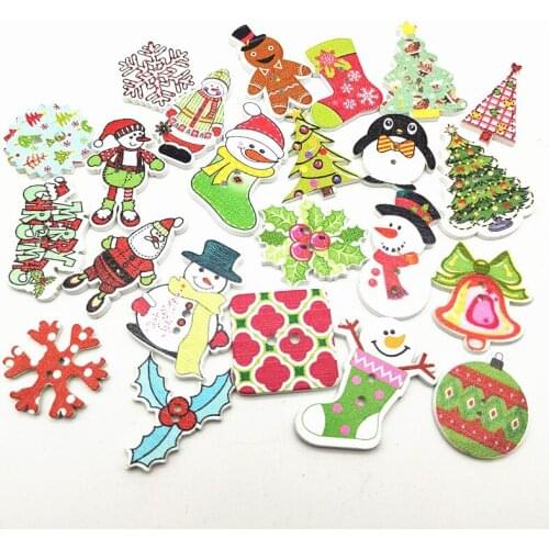 Random Mixed 25-35mm Christmas Pattern Wooden Decorative Buttons For Scrapbooking Sewing Decoration Xmas DIY Crafts