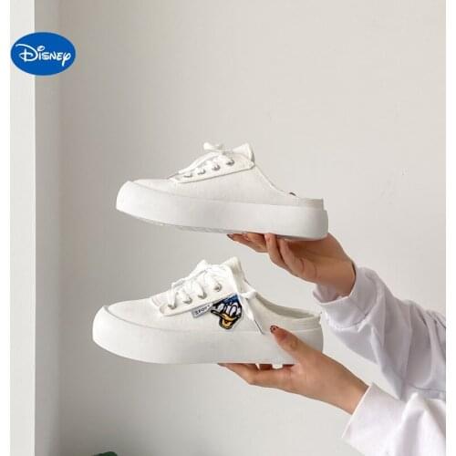 Disney 2021 Summer New Korean Canvas Slippers Female Lazy Baotou Casual White Shoes Cartoon Donald Duck Half-drag Breathable