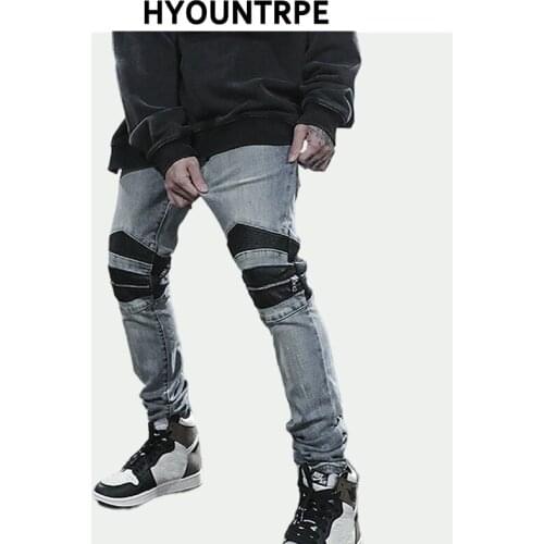 Knee Zipper Hole Patckwork Skinny Denim Jeans Men Casual Slim Biker Trousers Jeans Fashion Streetwear Hip Hop Jean Pants Joggers