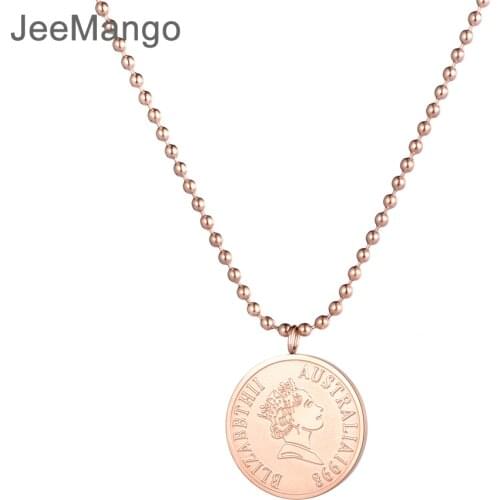 JeeMango Rose Gold Color Round Coin Pendant Necklace For Women Simple Portrait Charm Necklace Dainty Gifts JN18236