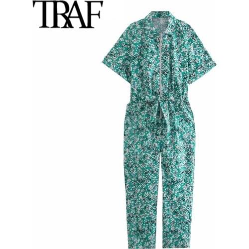 TRAF Women Fashion With Belt Floral Print Zip-up Jumpsuits Vintage Shorts Sleeve Side Pockets Female Playsuits Mujer