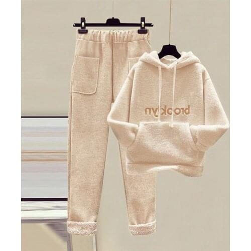 Korean style loose autumn and winter fashion suit women plus velvet thick lamb wool sweater nine points woolen casual pants