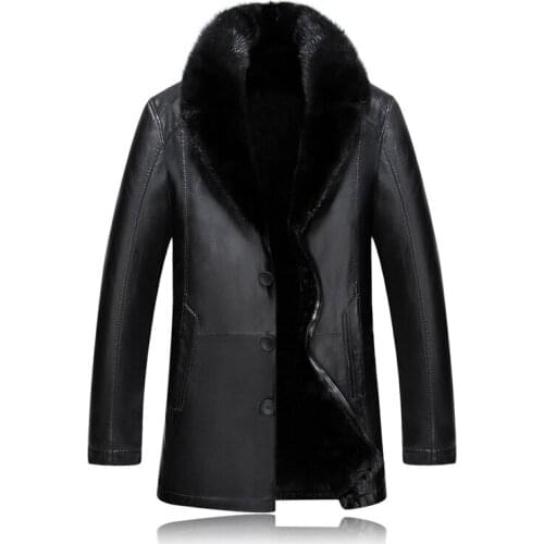Mens Leather Mink Fur Collar Leather jacket for Mens Fur one Leather 2018 Winter Imitation Fur Thick jacket More size M-4XL