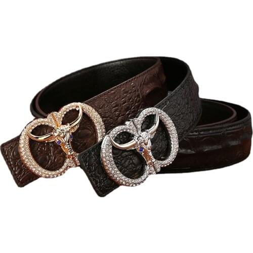 New Leather Belt Mens Leather Belt Smooth Buckle Men Ox Head Set Diamond Personality Youth Belt Black Coffee Color 3.8cm